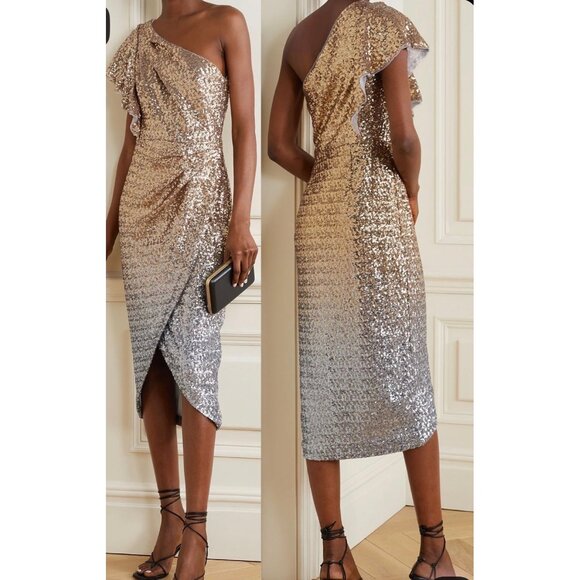 Marchesa Notte Ombre Sequin One-Shoulder Flutter Dress Size 6 Retails $895 - Picture 2 of 5